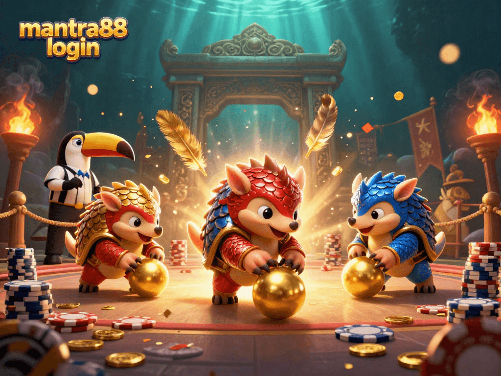 Engage in thrilling gameplay with mantra88 login through vibrant cartoon pangolins in a dynamic casino setting.