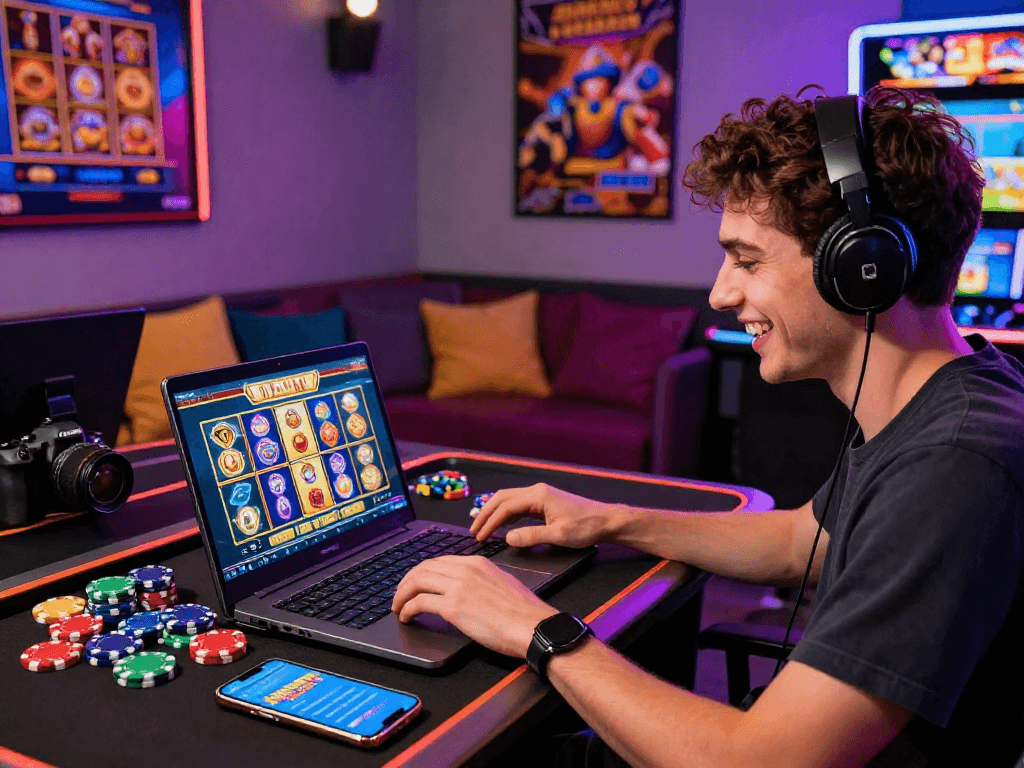 Player enjoying bonus buy slots in a vibrant online casino setting, surrounded by colorful gaming items and technology.