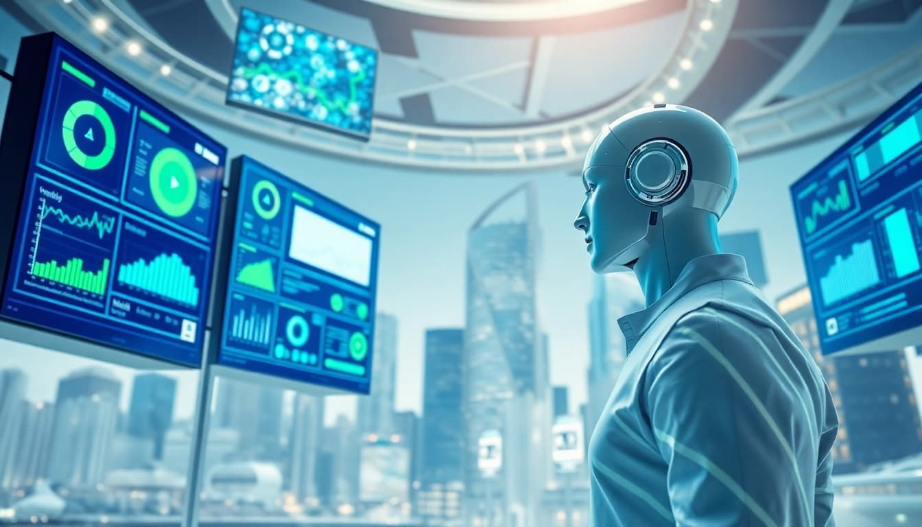 AI agents demonstrating autonomous task performance in a futuristic digital setting.