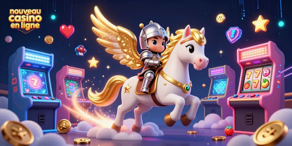 Illustration captivante d'un nouveau casino en ligne avec un cheval magique et un chevalier, entouré de machines à sous.