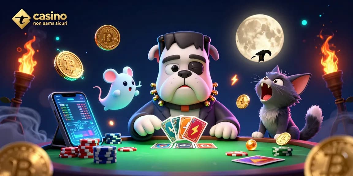 Gioca nei casino non aams sicuri con un bulldog Frankenstein che distribuisce carte, tra scintillanti monete crypto.