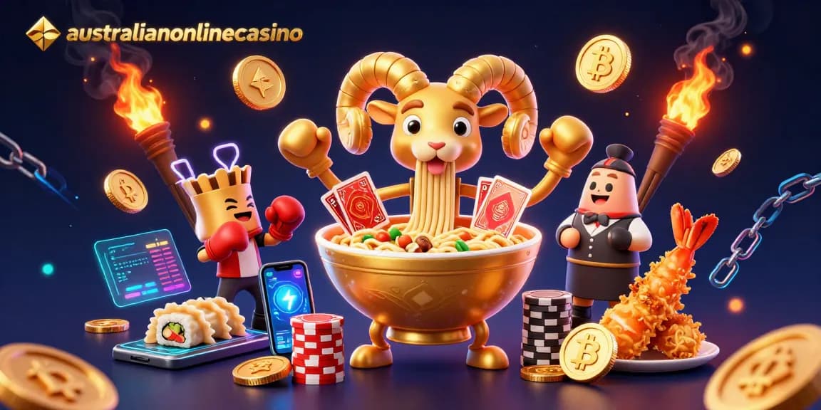 Play at australianonlinecasino with fun characters like a giant ramen bowl dealer and crypto elements.