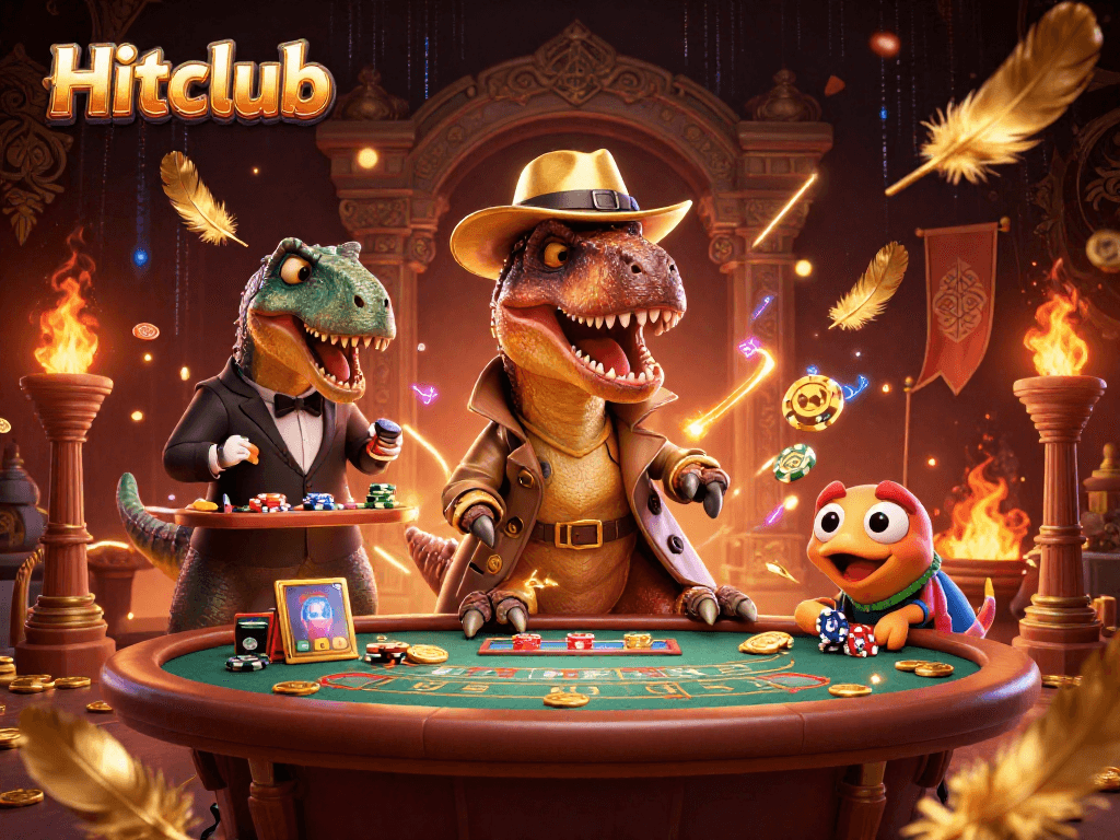 Hitclub features a velociraptor card counter amid chips, gold coins, and dynamic casino elements.