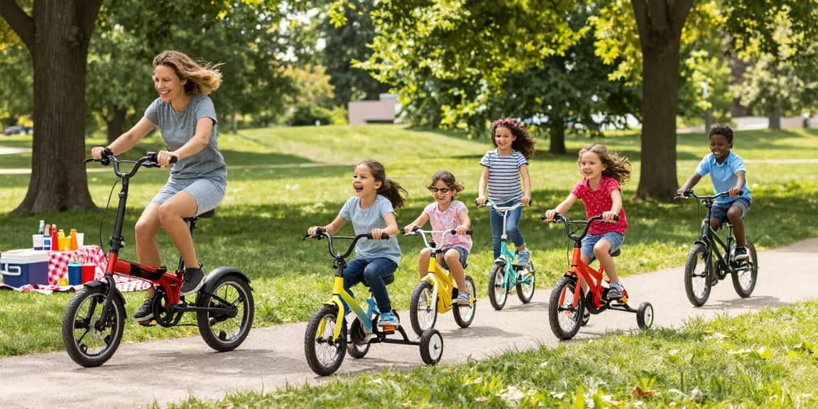 Family enjoying outdoor fun on electric and kids tricycles in the park