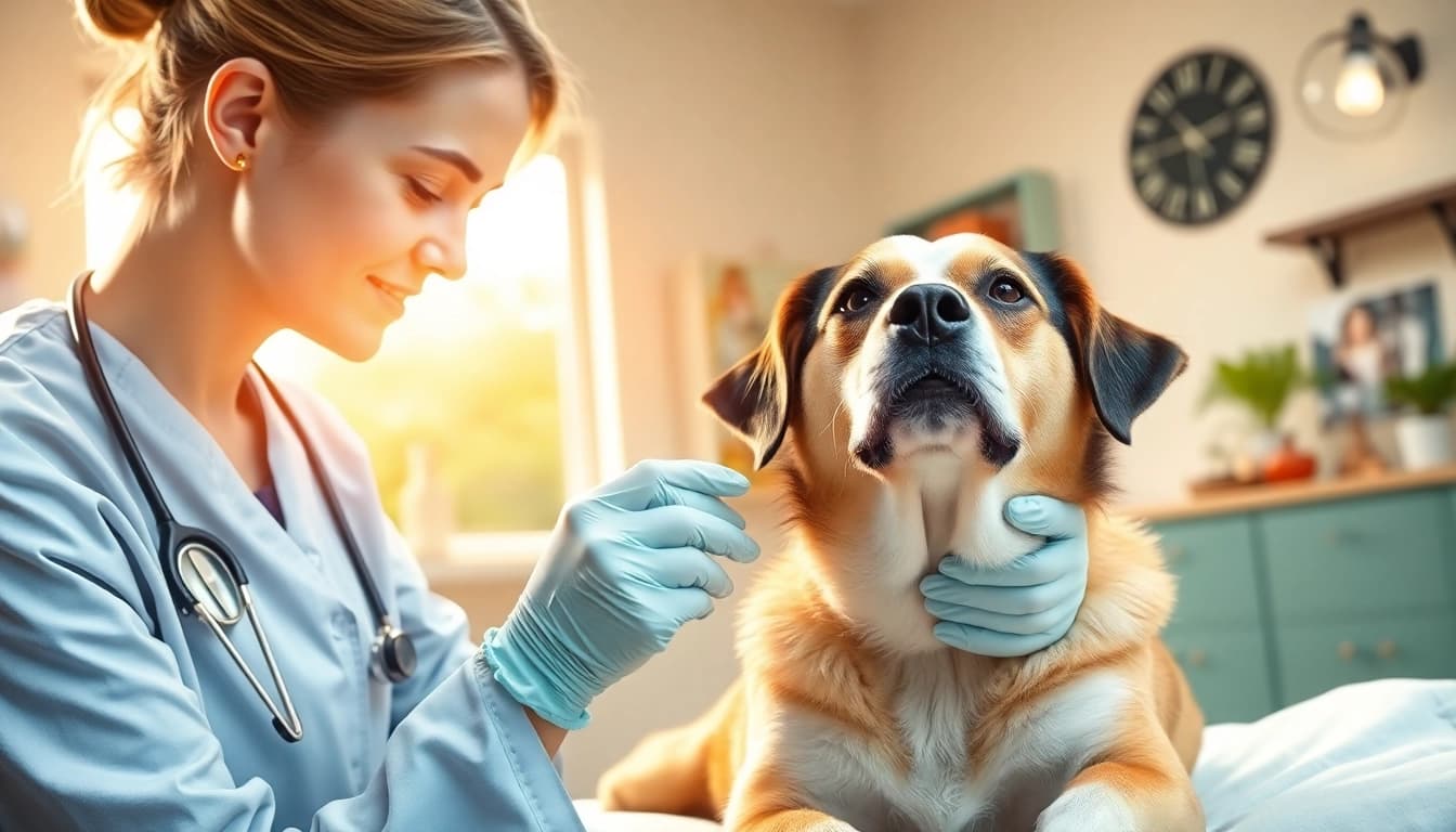 Veterinarian applying dmso for dogs in a clinic, showcasing a caring treatment atmosphere.
