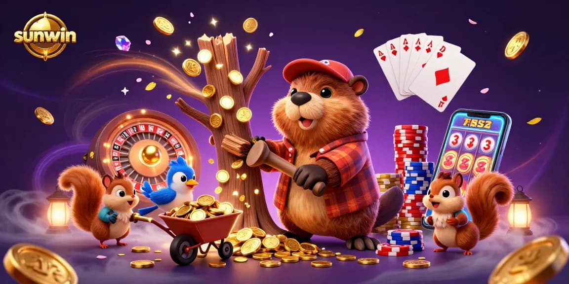 Experience sunwin gaming with a vibrant 3D illustration of a beaver and friends amidst coins and casino elements.