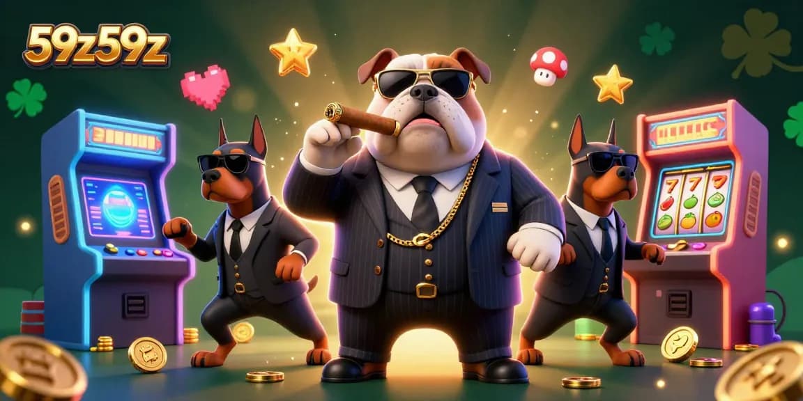Jogadores ganhando com slots 59z59z rodeados por um mafioso e Dobermans em um cassino vibrante.