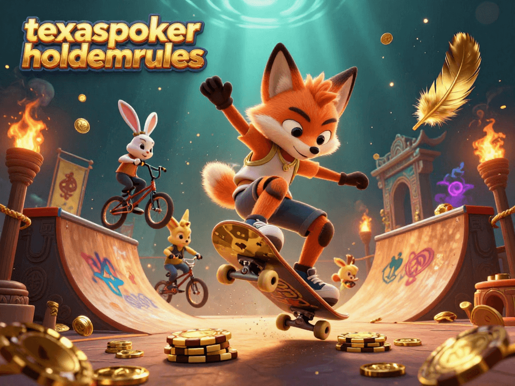 Experience top-notch gaming with texaspokerholdemrules, showcasing playful fox and rabbit in a vibrant poker scene.