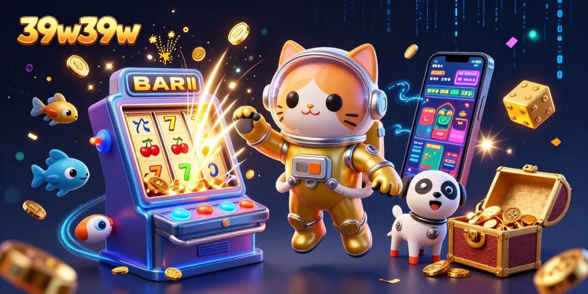 Experience big wins with 39w39w as a space cat and robot dog explore vibrant casino scenes.