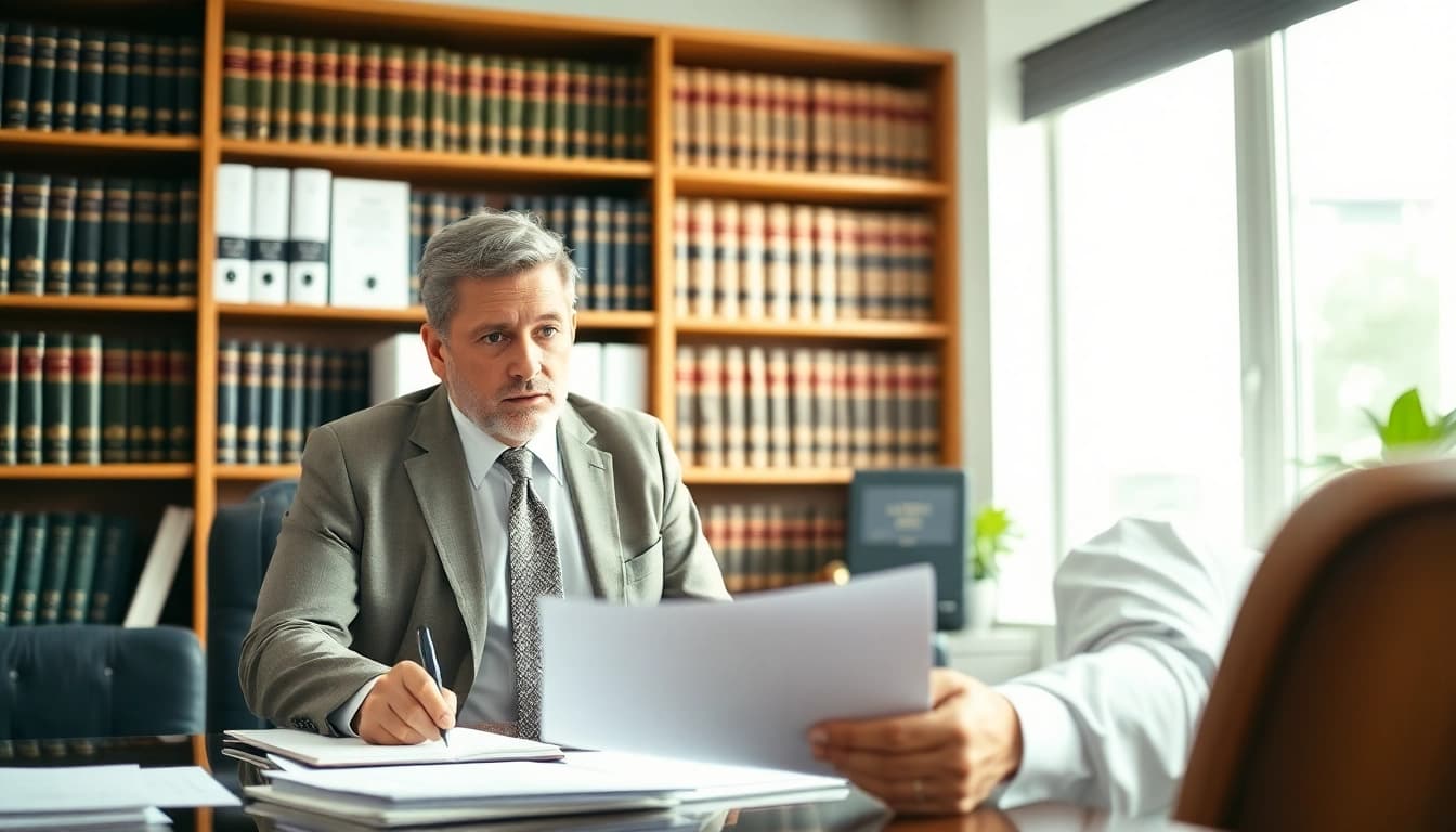 Probate lawyer consulting a client in a professional office setting, emphasizing trust.