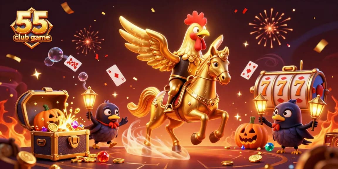 Experience the thrill of the 55 club game with a golden rooster and his spectral friends in a dynamic casino scene.