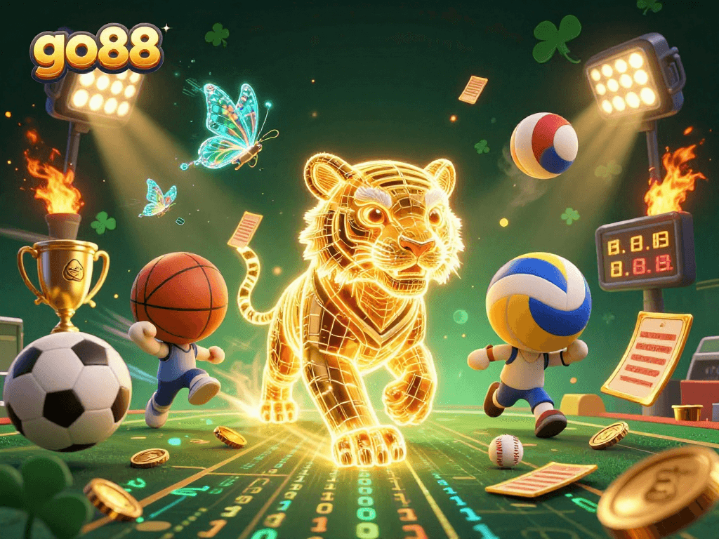 Experience the excitement of go88 with vibrant gaming scenes featuring sports elements and a golden tiger.