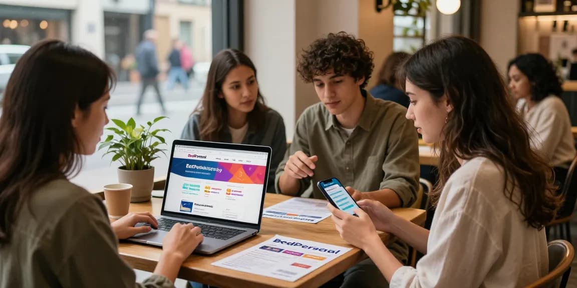Engaged users exploring BedPersonal for local classifieds in a vibrant café scene.