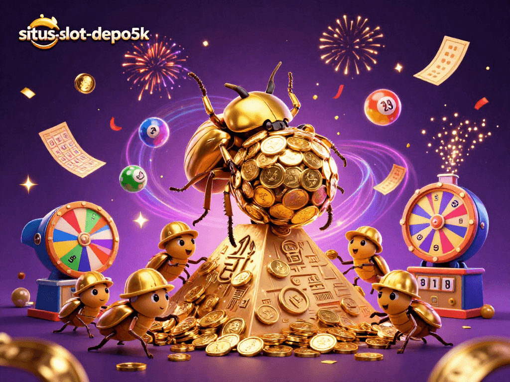 Experience the excitement of situs-slot-depo5k with golden beetles rolling coins and dynamic gaming elements.