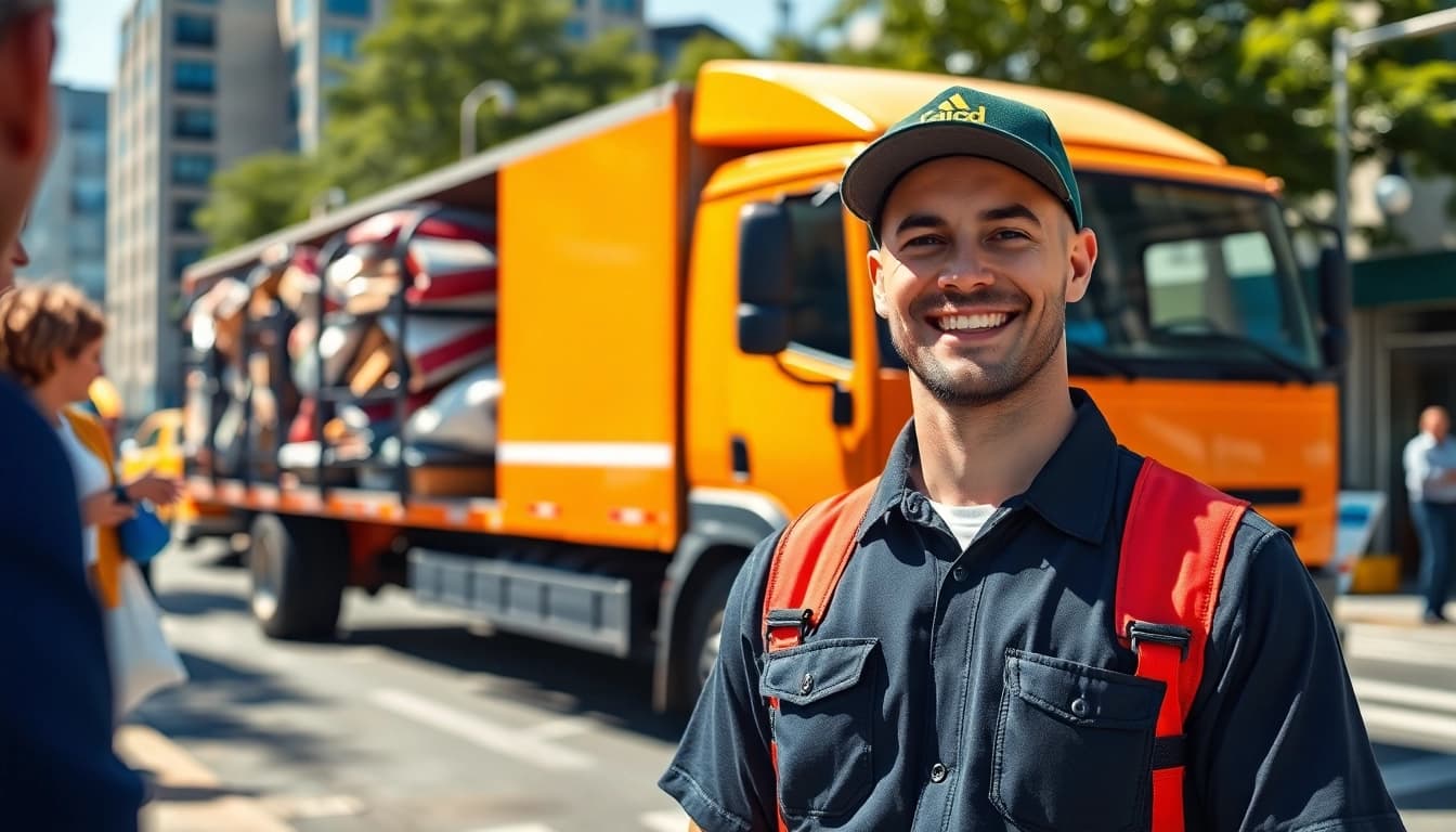 Hauling truck actively clearing junk in a bustling urban environment with a friendly hauler.