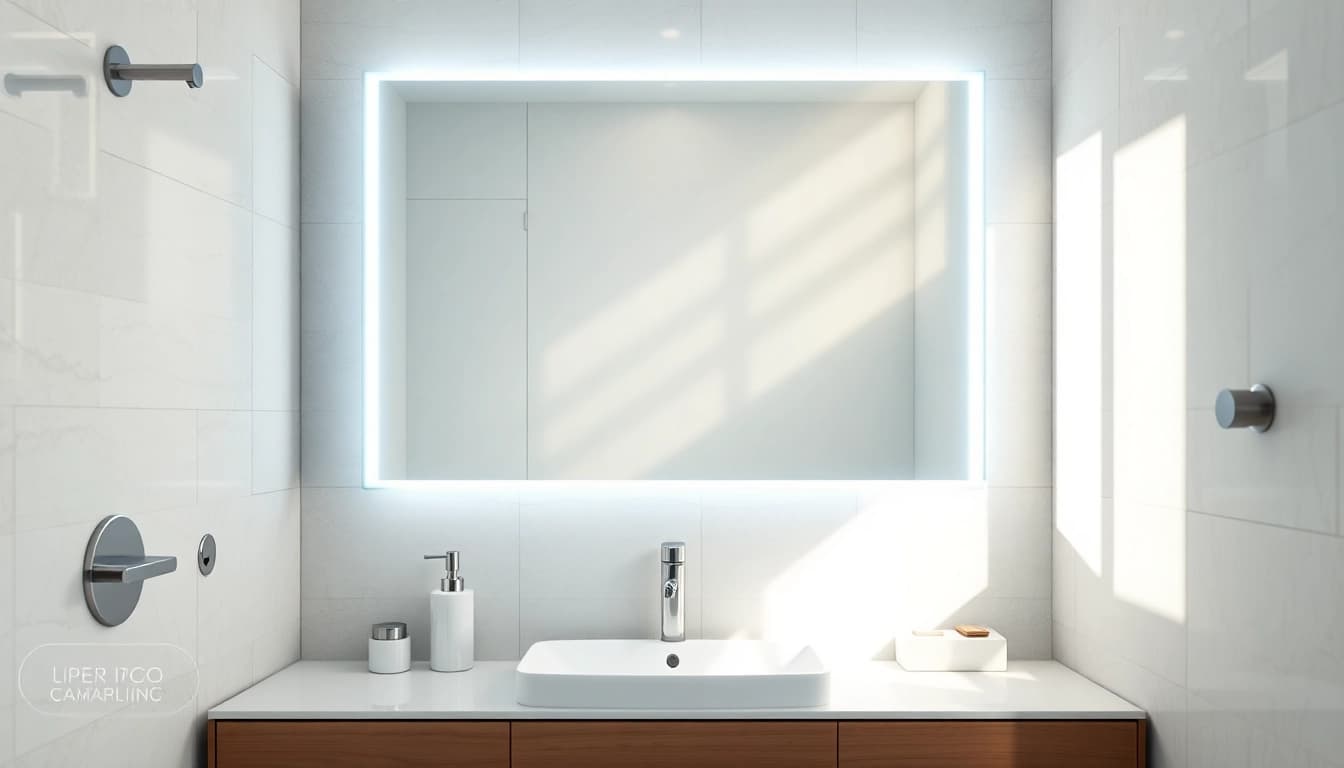Reflecting bright features of a led bathroom mirror in a modern bathroom setting.