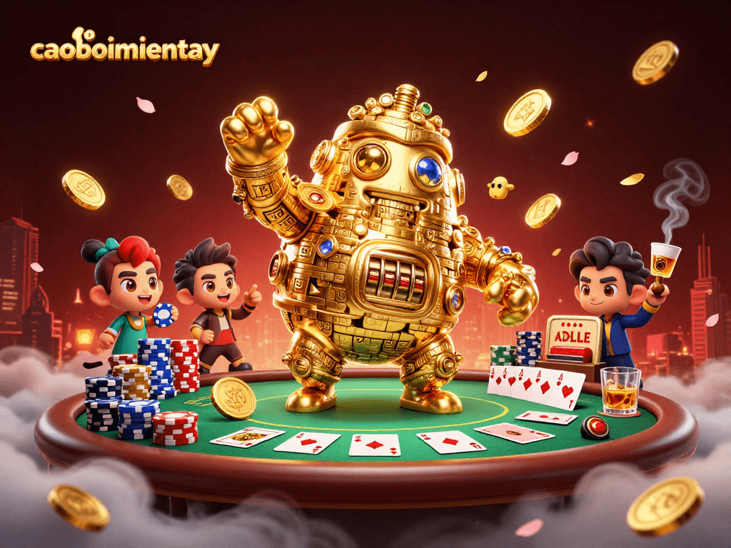 Join the excitement of caoboimientay with golden golem and poker chips in an immersive casino scene.