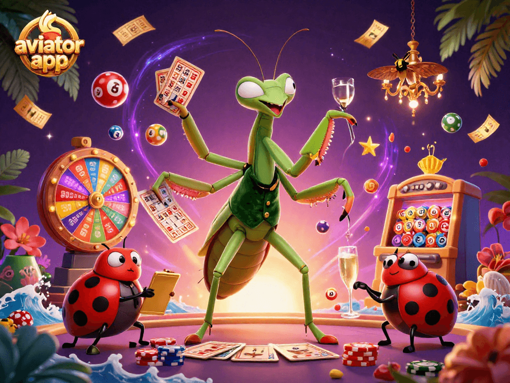 Experience the thrilling aviator app with a colorful casino scene of a mantis dealer and ladybug pit boss.