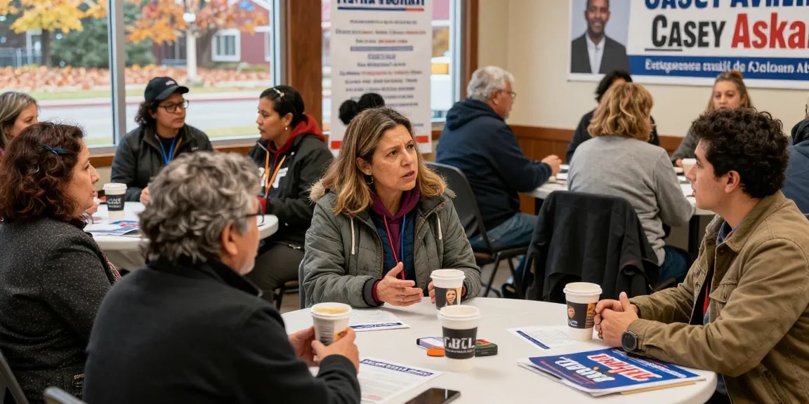 Casey Askar campaign gathering showcasing diverse community engagement and local discussions.