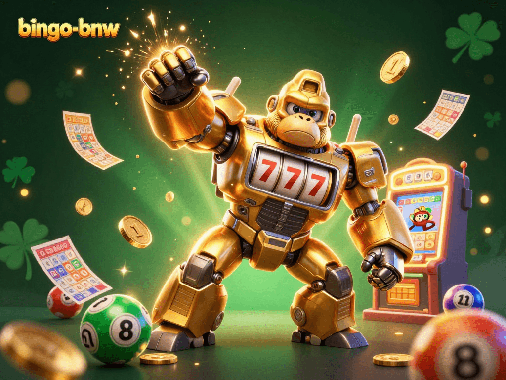 Engage in exciting bingo-bnw gameplay with a dynamic golden gorilla mech and dazzling jackpots.