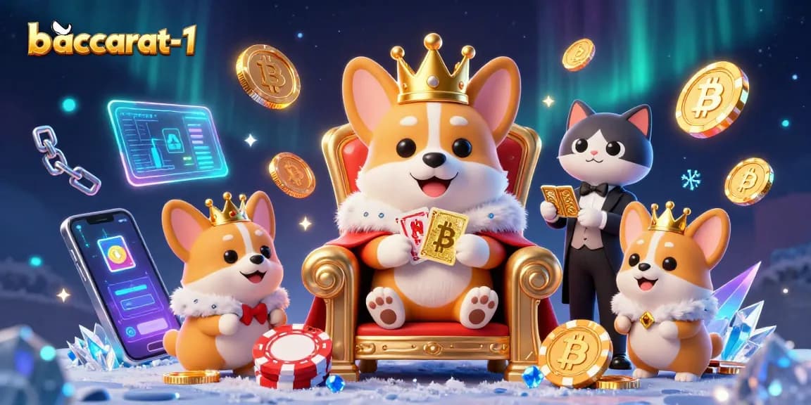 Experience baccarat-1 with a royal corgi on a poker chip throne surrounded by crypto treasures.