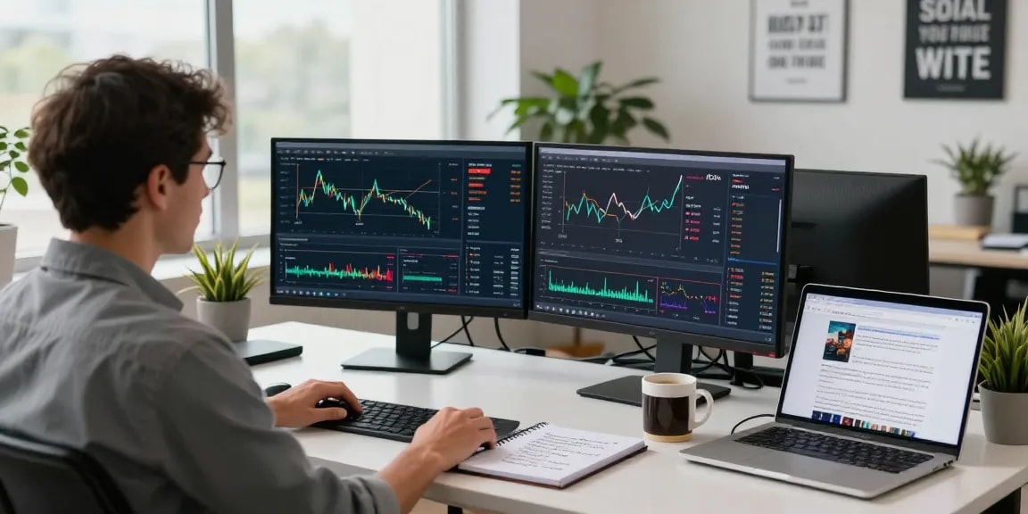 AICoin 数字货币交易平台界面展示,专业交易员在现代办公室内进行市场分析。