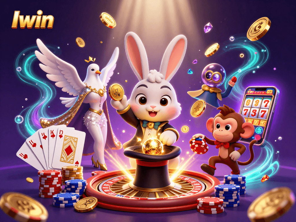 Iwin features a magical scene with a rabbit, dove, and monkey, pulling coins and poker chips.