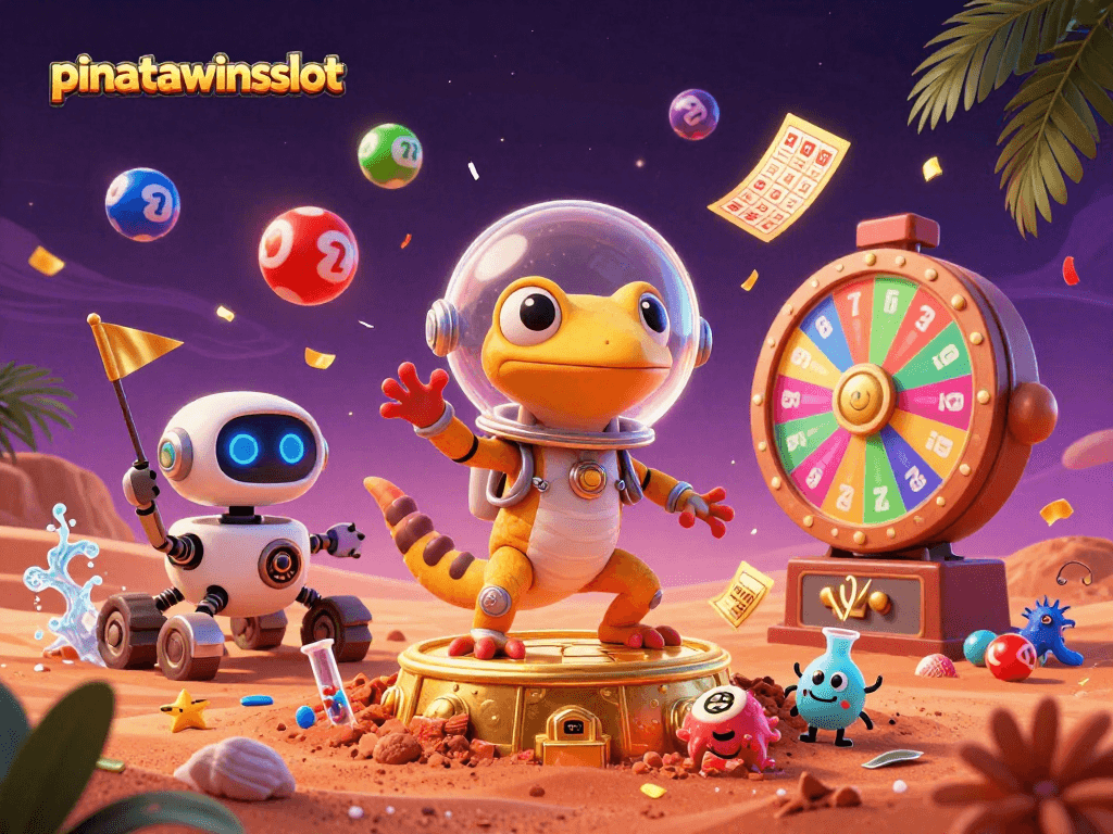 Engage with pinatawinsslot as a Martian gecko uncovers a golden casino among vibrant gaming elements.