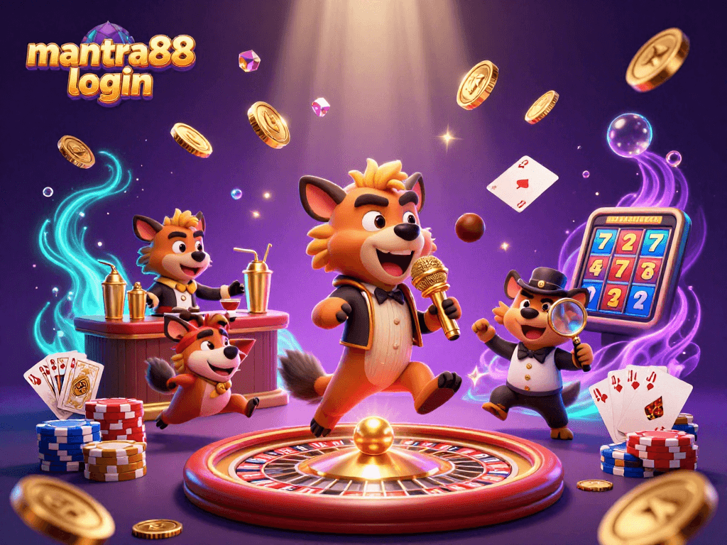 Experience gameplay excitement with mantra88 login in a vibrant casino scene filled with festive hyenas and overflowing treasures.