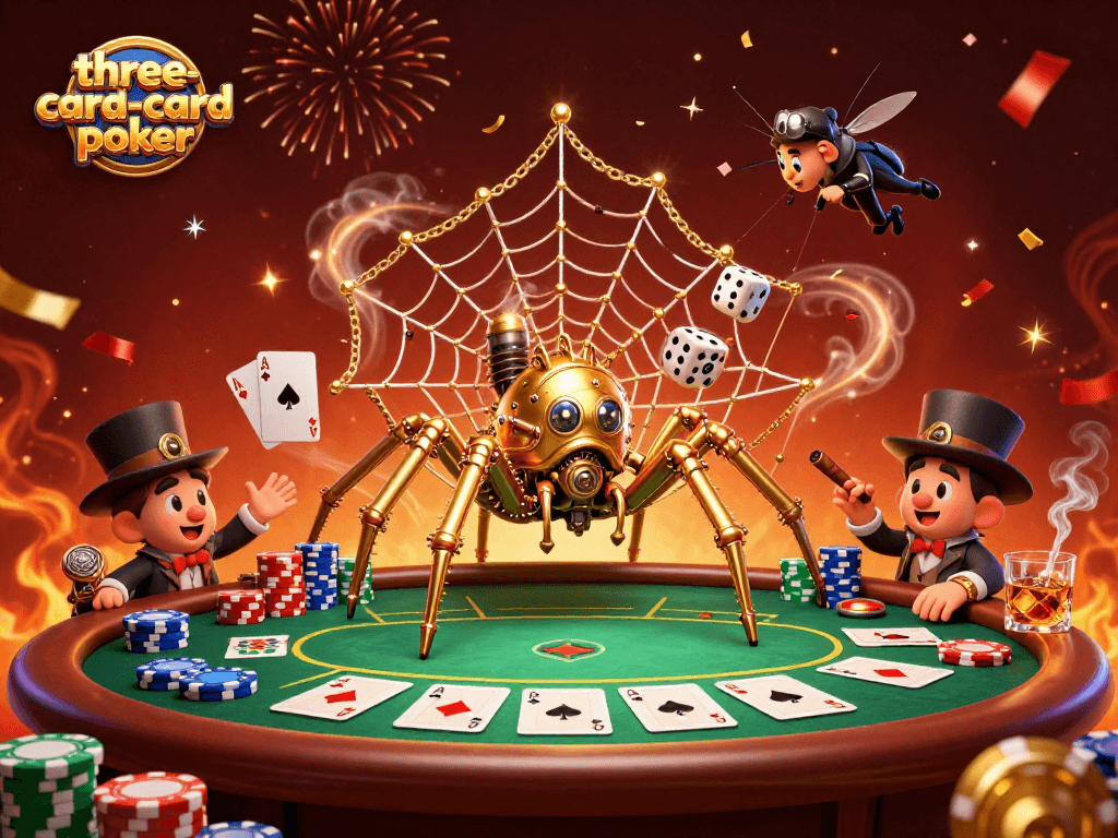 Experience thrilling three-card-poker action with a dynamic scene featuring a golden spider and poker elements.