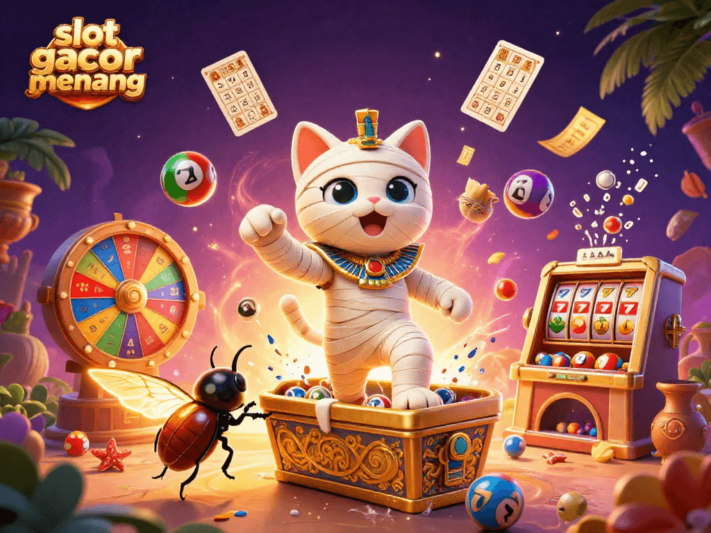 Engage with the slot gacor gampang menang scene featuring a mummy cat and lottery excitement!