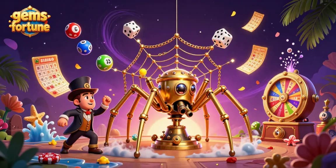 Experience the excitement of gems-fortune with a lively 3D illustration showcasing vibrant gambling elements.