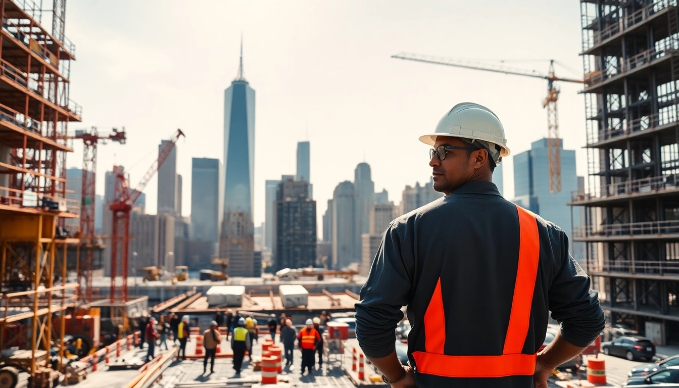 Capture the essence of a Manhattan General Contractor managing a dynamic construction site.