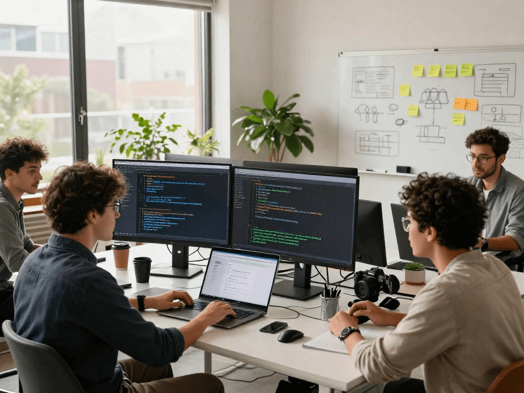 Developers collaborating on Across Protocol solutions in a modern tech office.