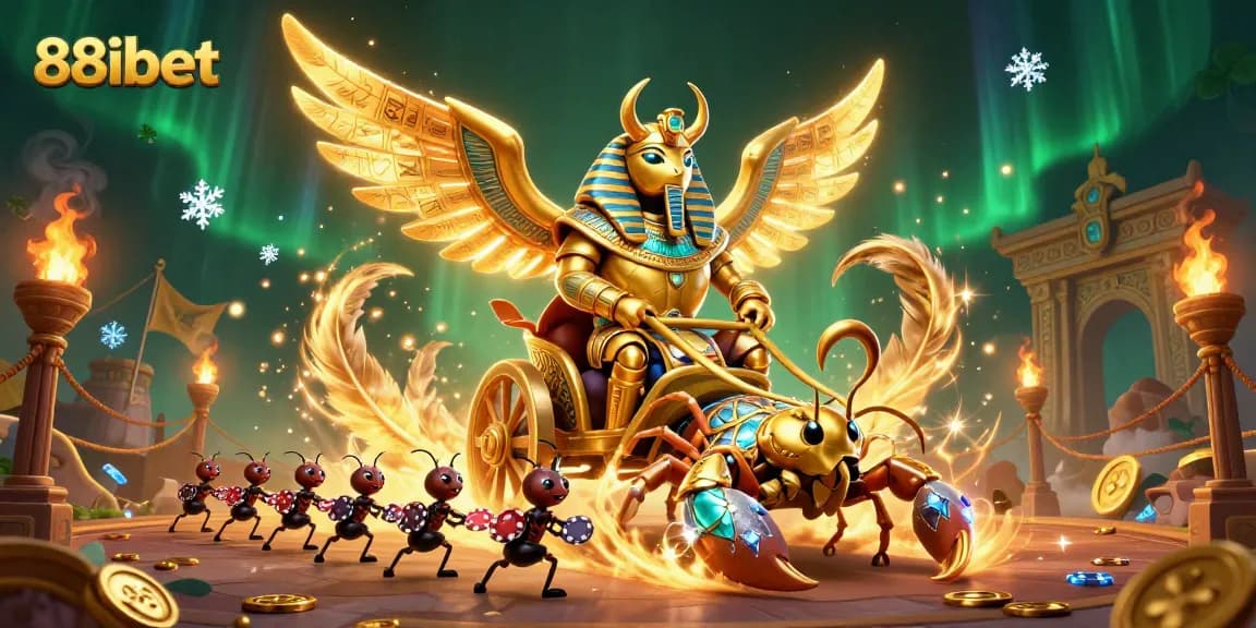 Engage with 88ibet's vibrant casino scene featuring a golden scarab and scorpion chariot.