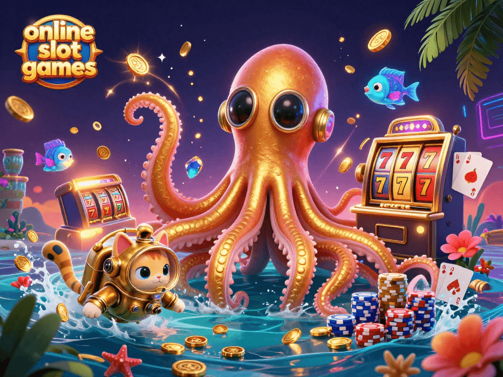 Engage with online slot games in this vibrant scene featuring a kraken, diving cat, and vivid casino elements.