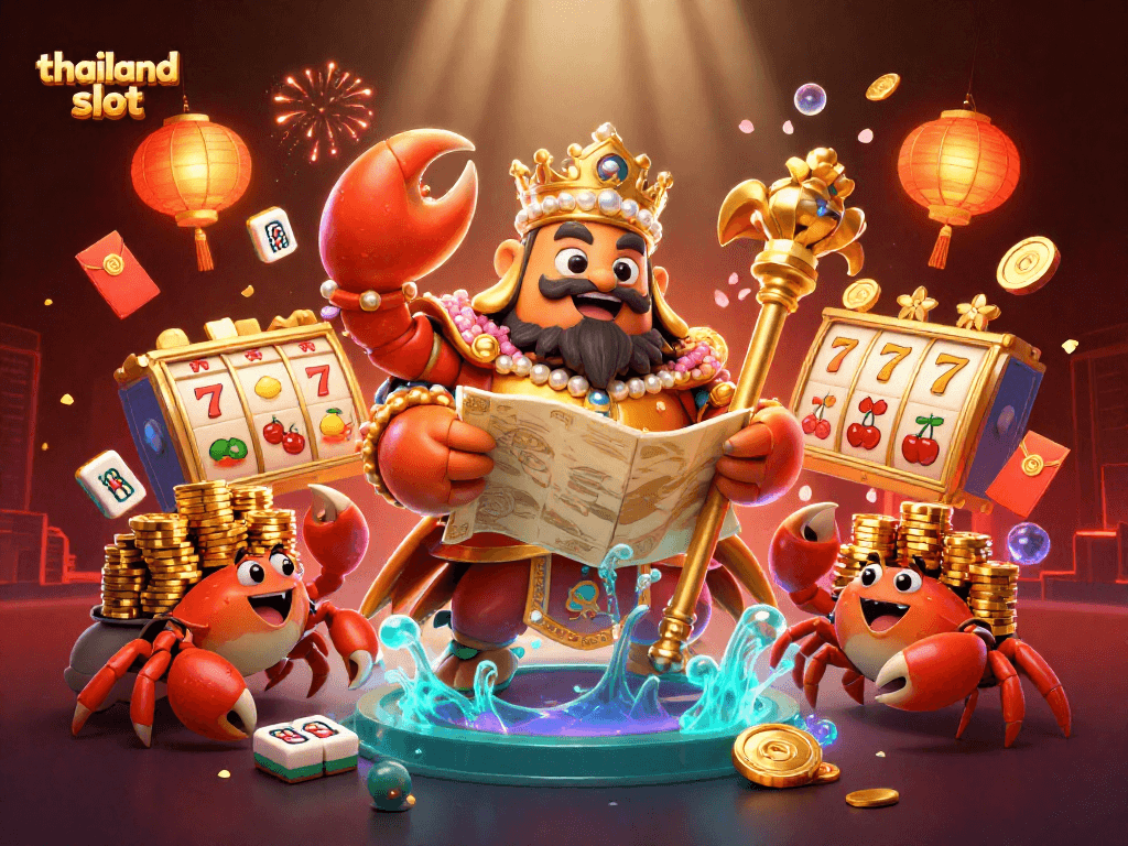 Playing thailand slot games with a golden crab emperor and vibrant casino elements.