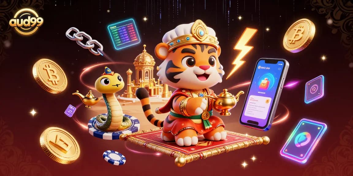 Join the excitement of aud99 online casino gaming with 3D tiger sultan and crypto elements!
