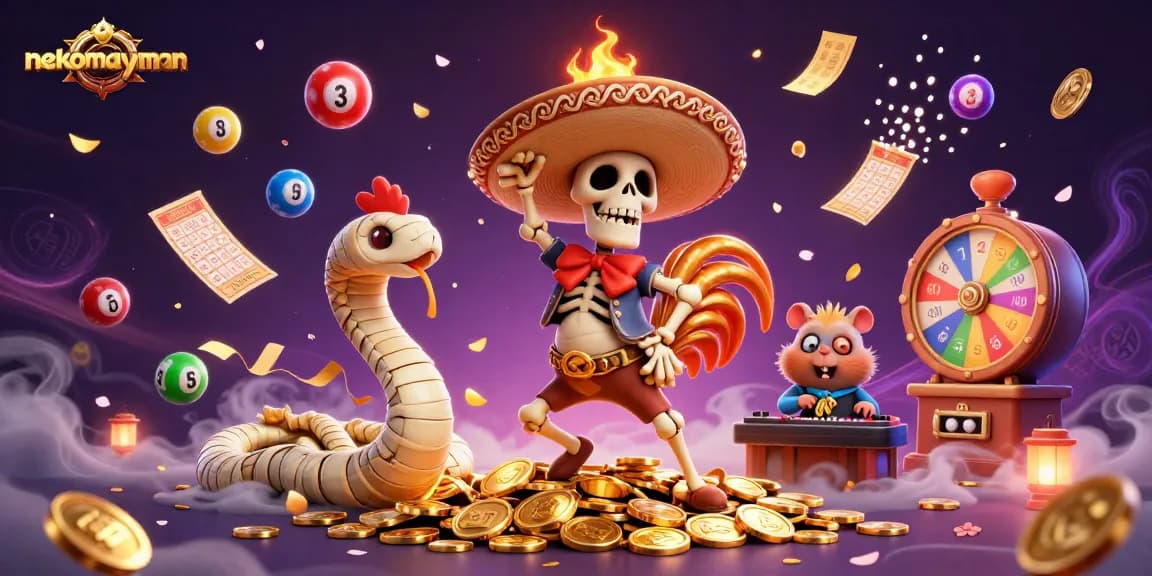 Neko May Mắn showcases a vibrant victory dance scene with golden coins and lucky symbols.