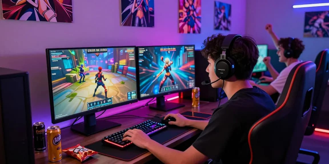 Player enjoying sissy porn game on a colorful gaming setup, surrounded by snacks and vibrant LED lights.