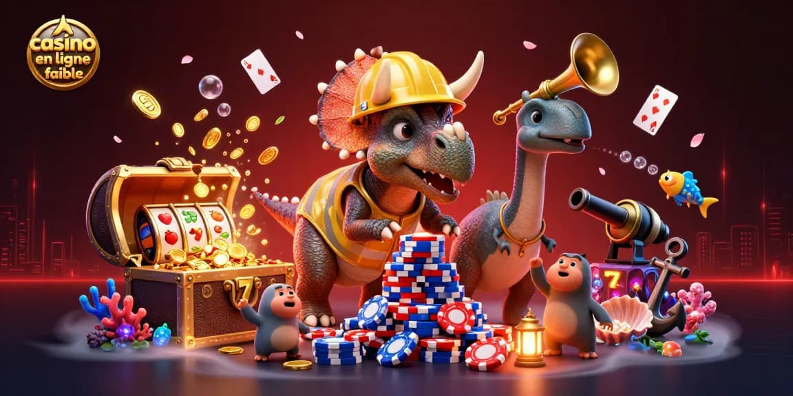 Jouez avec confiance dans un casino en ligne fiable grâce à une illustration dynamique d'un triceratops et de jetons de poker.