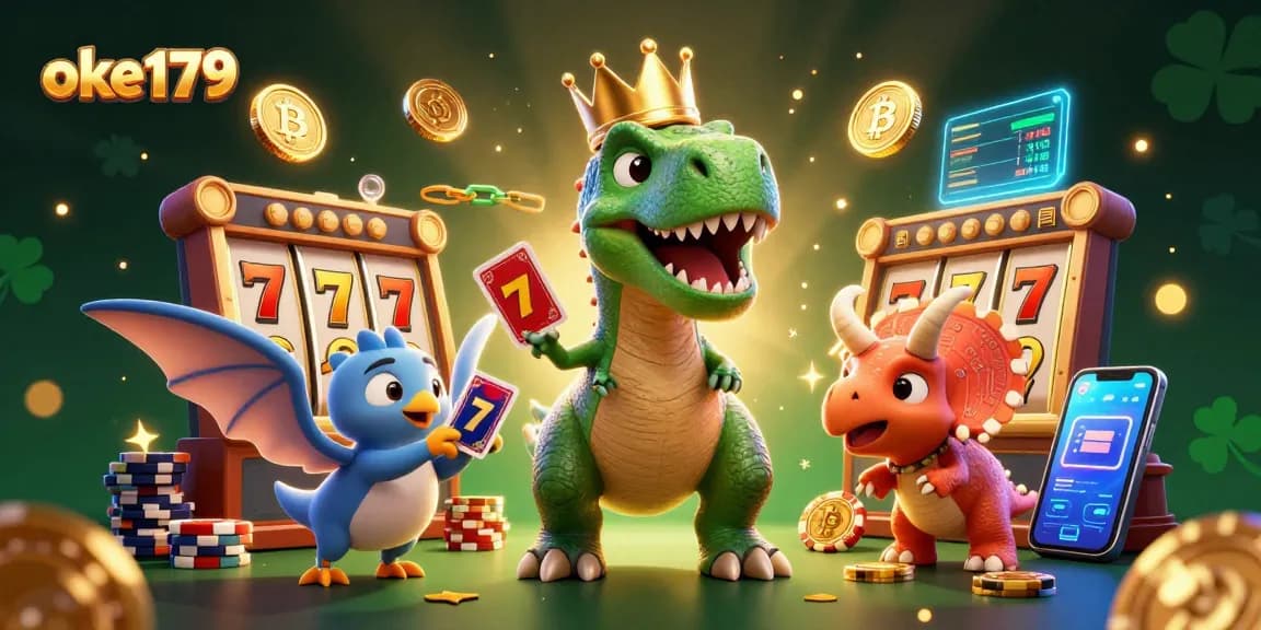 Experience the excitement of oke179 with a cartoon T-Rex and friends enjoying a vibrant casino environment filled with slots and crypto elements.