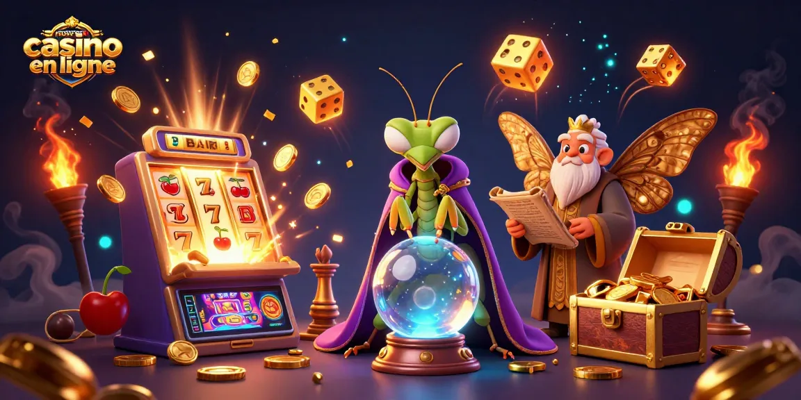 Illustration d'un nouveau casino en ligne avec des éléments de jeux de hasard et des personnages fantastiques.