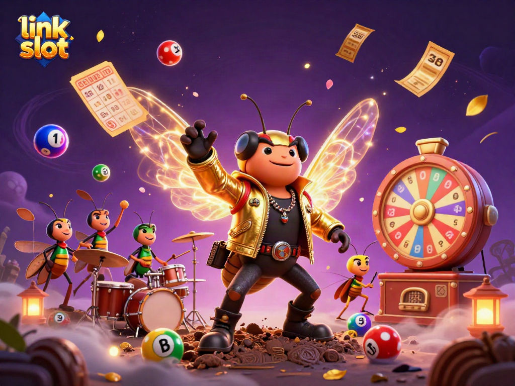 Join the link slot adventure with vibrant lottery elements and a rock star theme in a stunning illustration.