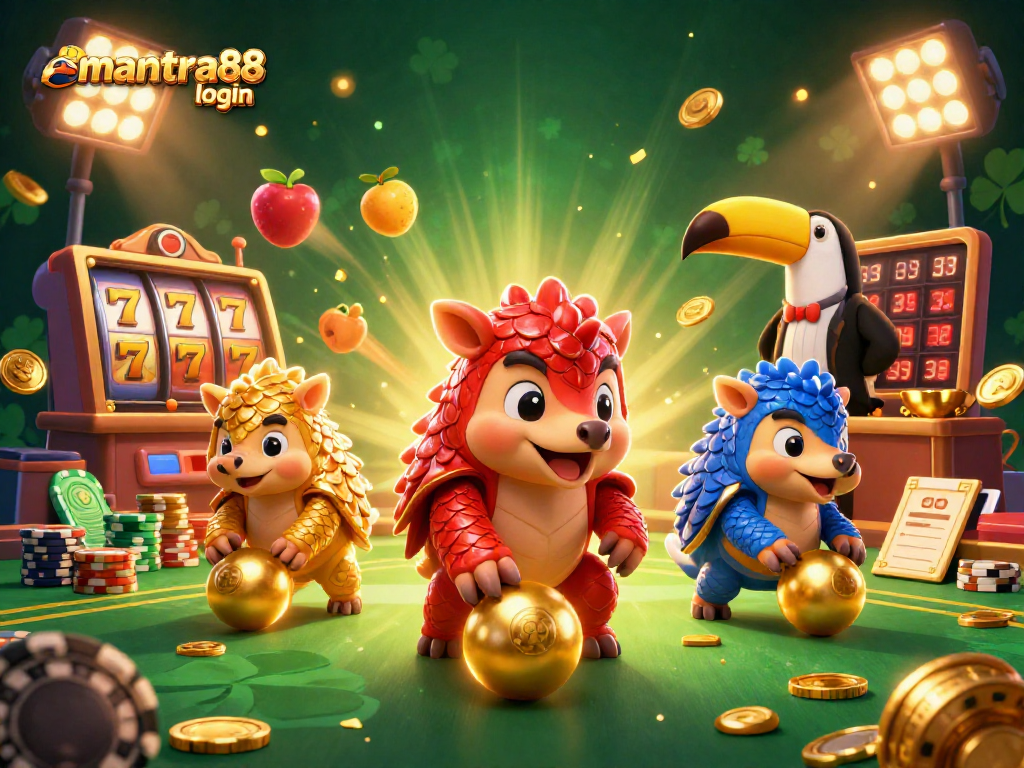 Experience seamless mantra88 login and vibrant gameplay with colorful pangolins battling in a casino