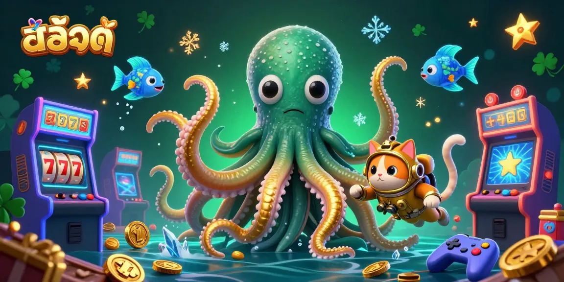 Engage in thrilling สล็อต adventures with a towering kraken, a vintage diving cat, and radiant sea creatures amidst a vibrant casino backdrop.