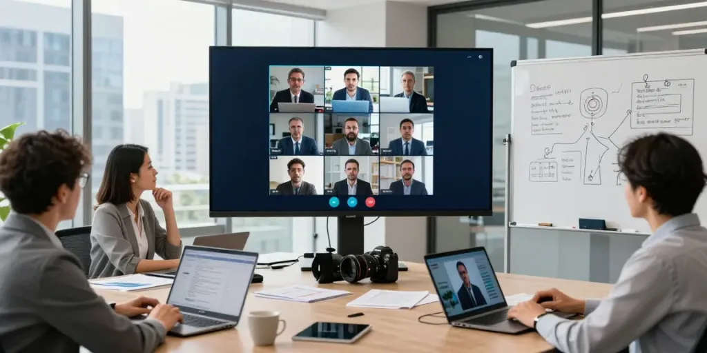 Deepfake protected meetings showcased in a professional video conference with engaged team members.