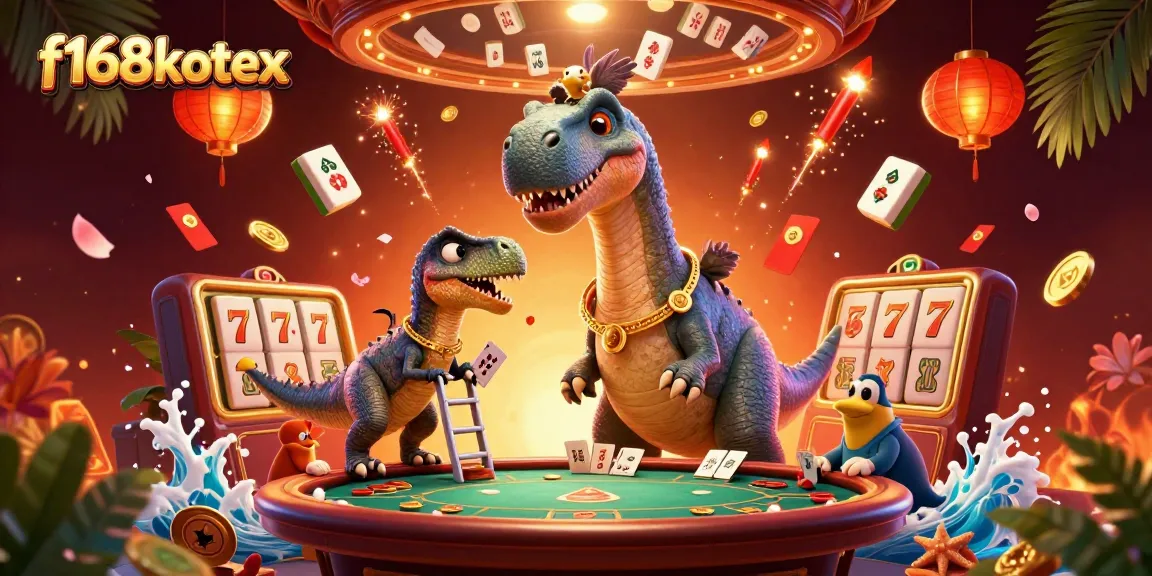 Engage in thrilling f168kotex casino excitement with a 3D cartoon brontosaurus and raptor dealer.