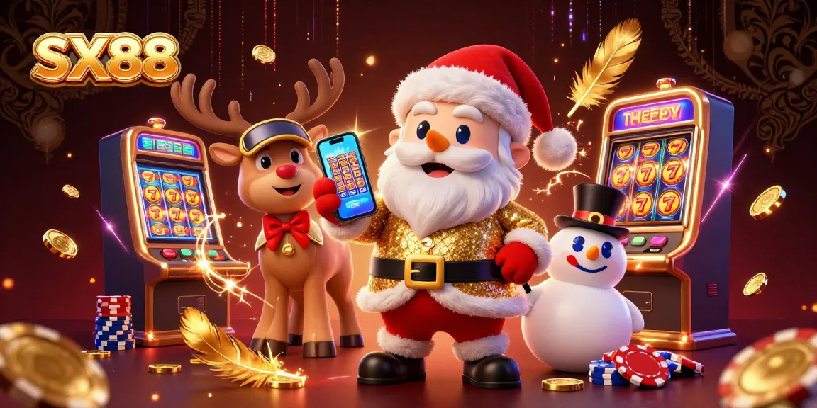 SX88 casino illustration featuring a cartoon Santa with smartphone jackpot slots, coins, and festive characters.