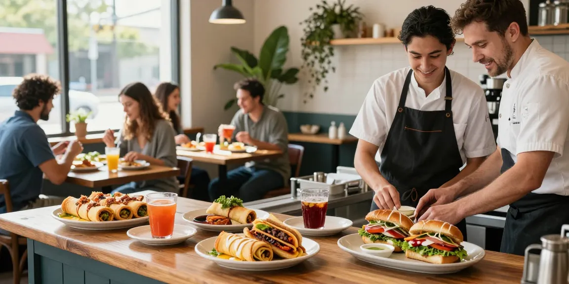 Best breakfast Austin with NYC-inspired sandwiches being prepared in a lively café.